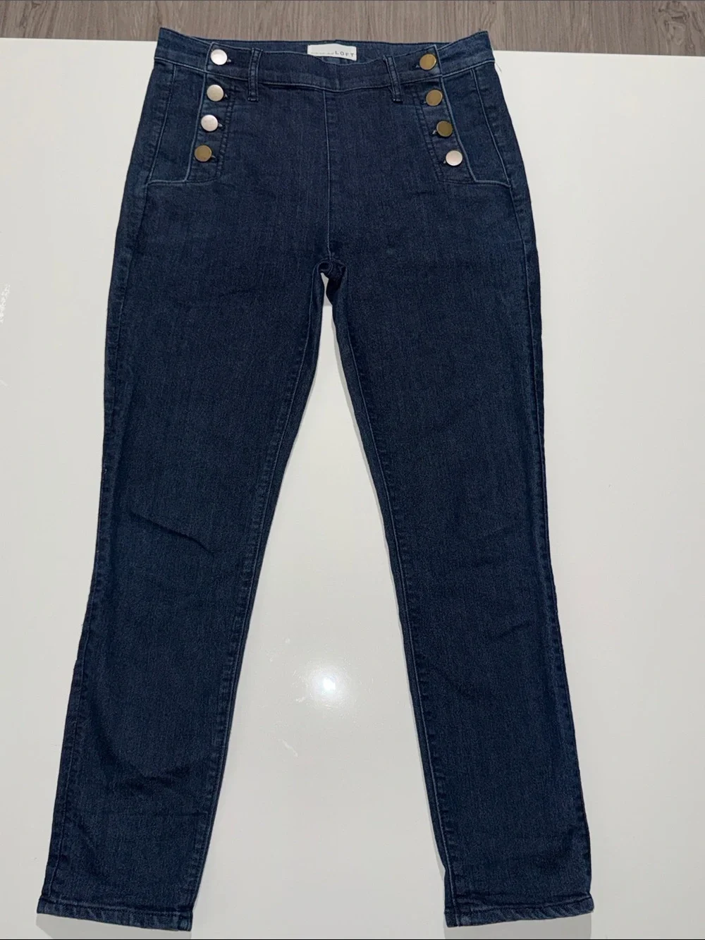 LOFT Dark Indigo High-Rise Skinny Jeans with Gold Accent Buttons Size 27/4